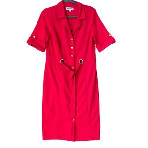Shelby & Palmer Womens Size 12 Red PolySpandex Gold Button Up Waist Tie Dress